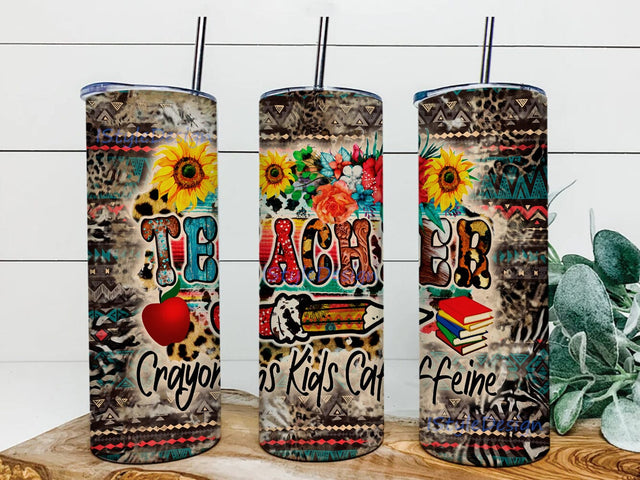 Teacher Crayons Kids Caffeine Tumbler Design, Western Teacher 20oz Skinny Tumbler, Aztec Leopard Cowhide Tumbler Wrap, School Teacher Tumbler Png, Teacher Sublimation Design, Digital Download Sublimation iStyleDesign 