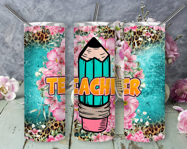 Teacher Floral Pencil 20oz Skinny Tumbler Png, Teacher Png, Floral Teacher Tumbler Png, Teacher Appreciation Gift, Leopard Pink Floral Teacher Tumbler Sublimation DesignSVG 