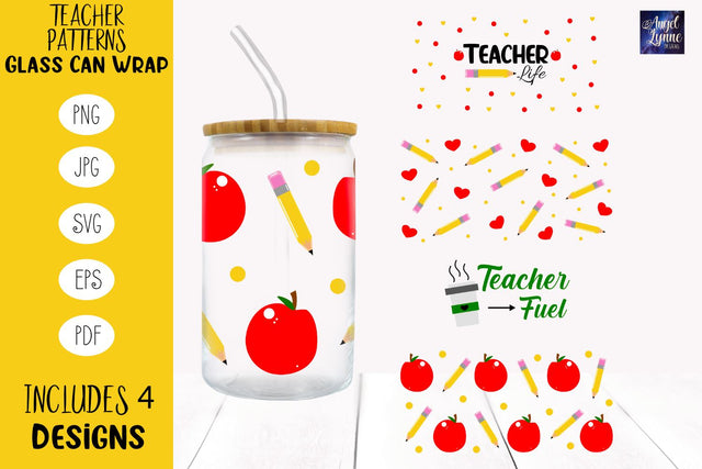 Teacher Glass Wrap Bundle | Teacher Libbey Glass Can Wrap SVG Angel Lynne Designs 