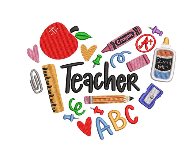 Teacher Heart Embroidery Design, Back to School Embroidery, Teacher Gift, School Supplies Embroidery Design, 3 sizes, Instant download Embroidery/Applique DESIGNS Nino Nadaraia 