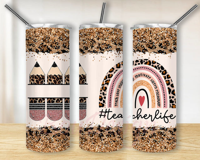 Teacher Leopard Glitter Tumbler Wrap, Teacher Life Rainbow 20oz Skinny Tumbler, Teacher Pencil Leopard Tumbler Png, Teacher Tumbler Template, Teacher's Day Gift, Digital Download Sublimation BouDesign 
