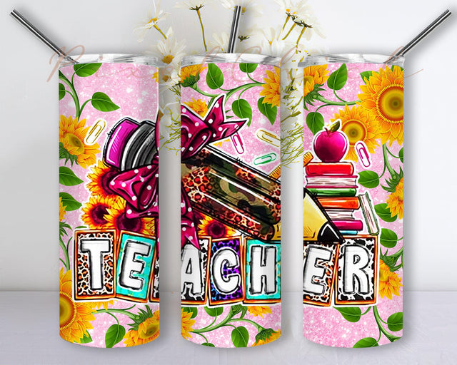 Teacher Leopard Tumbler Png, Teacher Pencil 20oz Skinny Tumbler, Sunflower Giftter Tumble Wrap, Teacher Life Tumbler Template, Digital Download Sublimation PixelChick 
