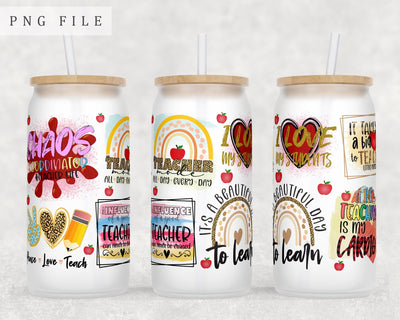 Teacher Libbey Glass Can Wrap, 16oz Glass Can Sublimation Design, Teacher Glass Can PNG File Sublimation HappyDesignStudio 