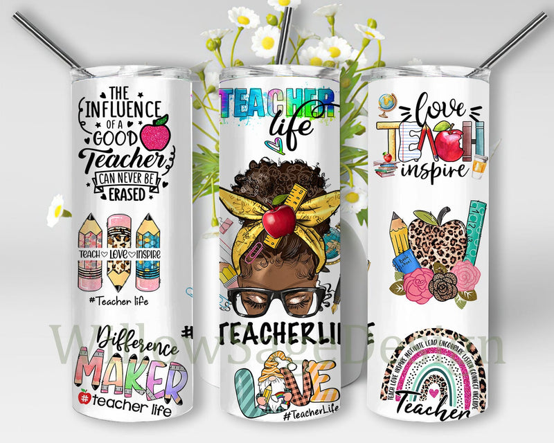 Teacher Life 20oz Skinny Tumbler, Black Girl Teacher Tumbler Design ...