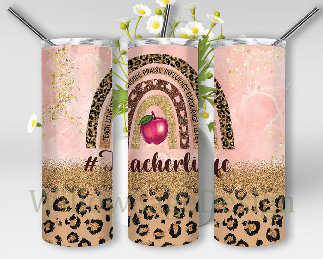 Teacher Life 20oz Skinny Tumbler Png, School Teacher Cheetah Print Tumbler, Rainbow Teacher Tumbler, Appreciation Gift Teacher, Glitter Leopard Tumbler Sublimation WillowSageDesign 
