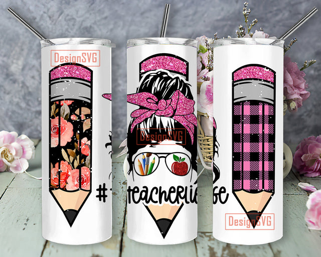 Teacher Life Pencil 20oz Skinny Tumbler Wrap Designs Template PNG, Back to School Pencil Png, Waterslide Tumblers Instant Download Sublimation DesignSVG 