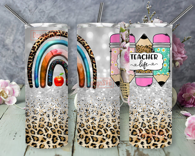 Teacher Life Pencil Tumbler Png, Teacher Leopard Rainbow Design Png, Teacher 20oz Skinny Tumber, Teacher Leopard Tumbler Wrap, Teacher Tumbler Template, Digital Download Sublimation DesignSVG 
