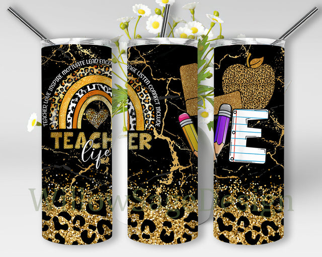 Teacher Life Rainbow Leopard Tumbler Png, Teacher Love 20oz Skinny Tumbler, Back To School Png, Teacher Sublimation Design, Digital Download Sublimation WillowSageDesign 