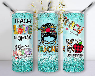 Teacher Life Sublimation Png, Messy Bun Teacher 20oz Skinny Tumbler, Teach Love Inspire Tumbler Png, Western Teacher Tumbler Design, Turquoise Glitter Tumbler Wrap, Instant Download Sublimation PixelChick 