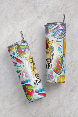 Teacher Life Tumbler Design, Back to School 20oz Skinny Tumbler, Messy Bun Teacher Tumbler Wrap Design Template PNG Instant Download Sublimation CaldwellArt 