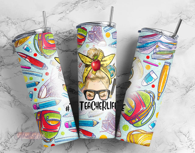 Teacher Life Tumbler Design, Back to School 20oz Skinny Tumbler, Messy Bun Teacher Tumbler Wrap Design Template PNG Instant Download Sublimation CaldwellArt 
