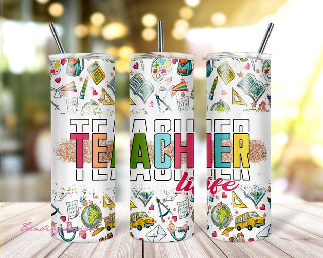 Teacher Life Tumbler Sublimation Designs PNG, Teacher Tumbler Wrap PNG, Teacher Supplies PNG, 20 oz Skinny Tumbler Design Sublimation TrendingDesign 