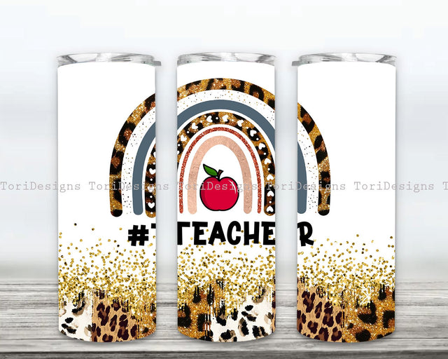 Teacher Life Tumbler Sublimation, Teacher Life 20oz Skinny Tumbler Sublimation Designs , Rainbow Leopard Glitter Teacher Sublimation Design PNG Sublimation ToriDesigns 