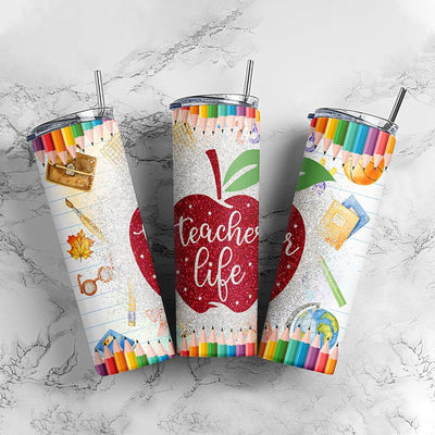 Teacher Life Tumbler, Teacher Pencil 20 oz Skinny Tumbler Sublimation Design PNG Instant DIGITAL ONLY Teacher Design Sublimation CaldwellArt 