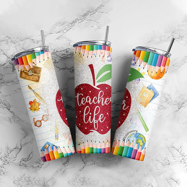 Teacher Life Tumbler, Teacher Pencil 20 oz Skinny Tumbler Sublimation Design PNG Instant DIGITAL ONLY Teacher Design Sublimation CaldwellArt 