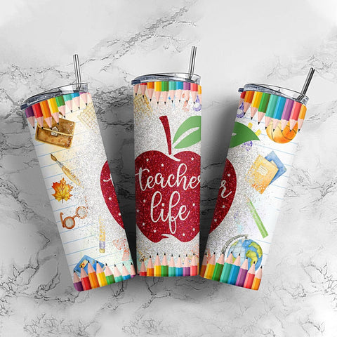 Teacher Life Tumbler, Teacher Pencil 20 oz Skinny Tumbler Sublimation Design PNG Instant DIGITAL ONLY Teacher Design Sublimation CaldwellArt 