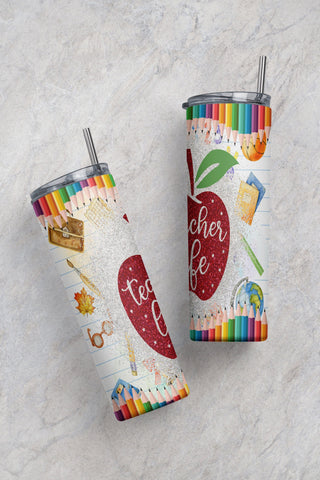 Teacher Life Tumbler, Teacher Pencil 20 oz Skinny Tumbler Sublimation Design PNG Instant DIGITAL ONLY Teacher Design Sublimation CaldwellArt 
