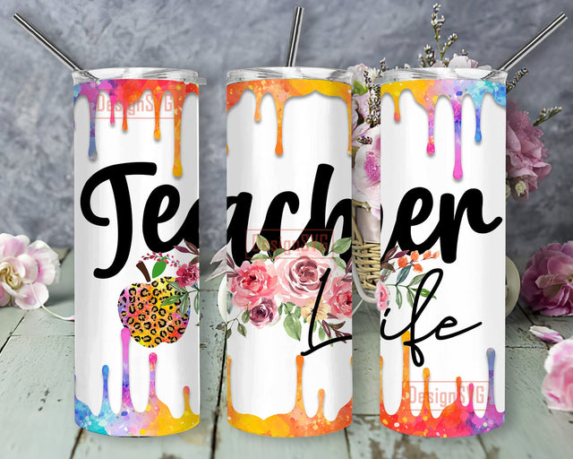 Teacher Life Tumbler Template, Teacher Floral 20oz Skinny Tumbler, Apple Leopard Design Png, Watercolor Tumbler Wrap,Teacher Day Tumbler Png, Digital Download Sublimation DesignSVG 