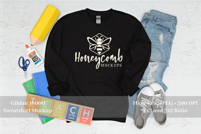 Teacher Mockup, Black Gildan 18000 Sweatshirt Mockup Mock Up Photo Honeycomb Mockups 