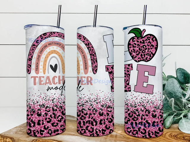 Teacher Mode Rainbow Design Png, Teacher 20oz Skinny Tumbler, Teacher Love Tumbler Png, Pink Leopard Glitter Tumbler Wrap, Teacher Life Sublimation Design, Instant Download Sublimation iStyleDesign 