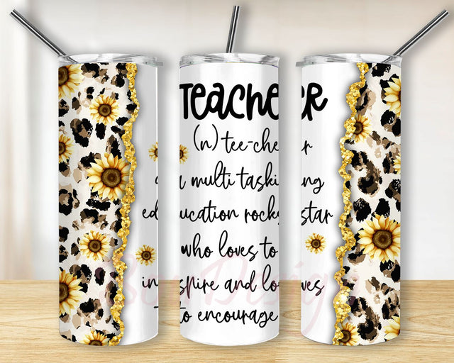 Teacher Pencil Leopard Sunflower 20 oz Skinny Sublimation or Sublimate Design Full Tumbler Wrap PNG Sublimation BouDesign 