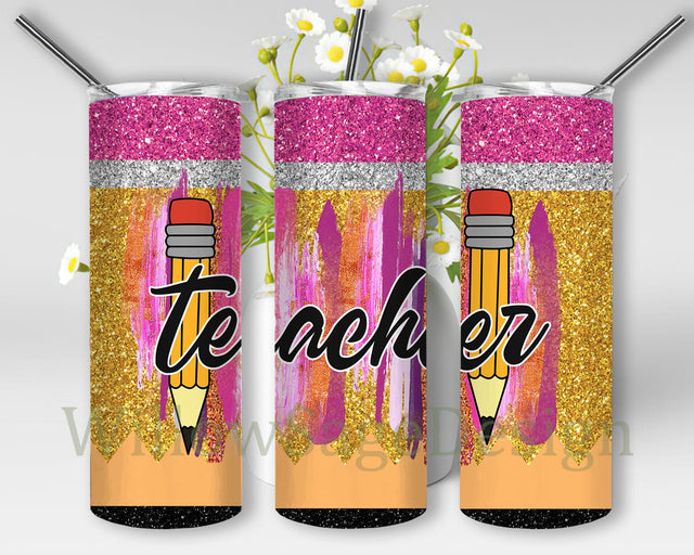 Teacher Pencil Tumbler Png, Teacher 20oz Skinny Tumbler, Pencil Glitter Tumbler Wrap, Back to School Design Png, Teacher Life Sublimation Png, Instant Download Sublimation WillowSageDesign 