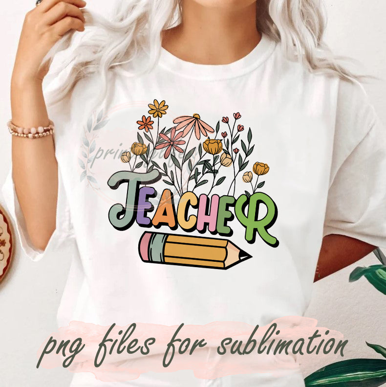 Teacher PNG, Retro Wildflower Teacher, Teacher Pencil Design Png ...