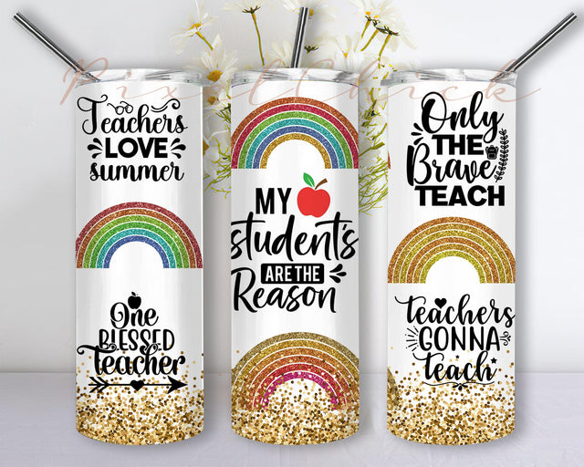 Teacher Rainbow 20oz Skinny Tumbler Png, Gold Glitter Teacher Rainbow Tumbler Png, Teacher Love Summer, Teacher Appreciation Tumbler Sublimation PixelChick 