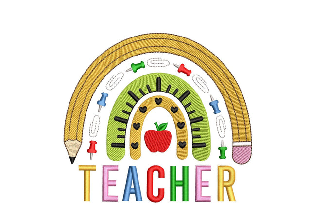 Teacher Rainbow Embroidery Design, Back to School Embroidery, Teacher Gift Embroidery Design, 4 sizes, Instant download Embroidery/Applique DESIGNS Nino Nadaraia 