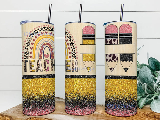 Teacher Rainbow Leopard 20oz Skinny Tumbler, Teacher Pencil Glitter Tumbler Wrap, Teacher Sublimation Design, Teacher Life Tumbler Png, Instant Download Sublimation iStyleDesign 