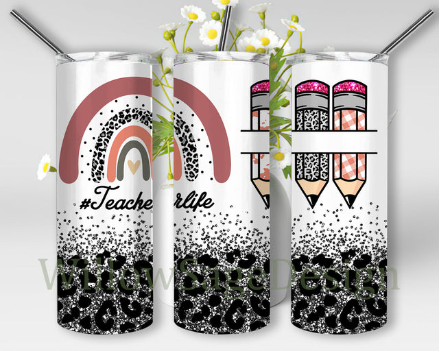 Teacher Rainbow Tumbler Png, Teacher Life 20oz Skinny Tumbler, Leopard Glitter Tumbler Wrap, Teacher Pencil Design Png, Teacher Sublimation Design, Digital Download Sublimation WillowSageDesign 