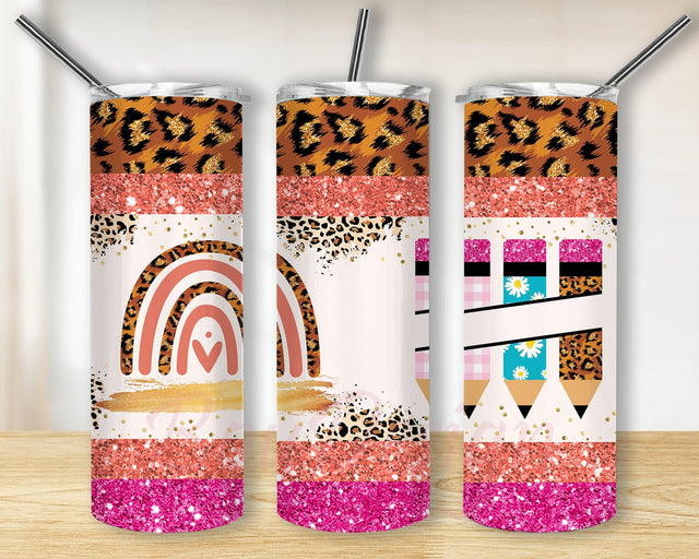 Teacher Rainbow Tumbler Png, Teacher Pencil Tumbler Design, Teacher 20oz Skinny Tumbler, Leopard Glitter Tumbler Wrap, School Sublimation Design, Digital Download Sublimation BouDesign 