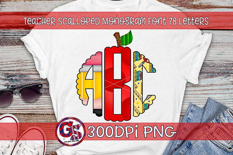 Teacher Scalloped Monogram Font Set PNG for Sublimation Sublimation Greedy Stitches 
