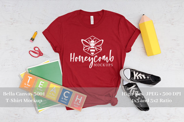 Teacher Shirt Mockup, Bella Canvas 3001 Canvas Red Mockup, School Mockup Mock Up Photo Honeycomb Mockups 