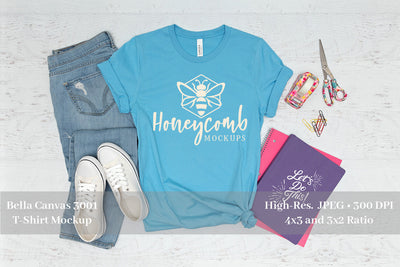 Teacher Shirt Mockup, Bella Canvas 3001 Ocean Blue Mockup, School Mockup Mock Up Photo Honeycomb Mockups 