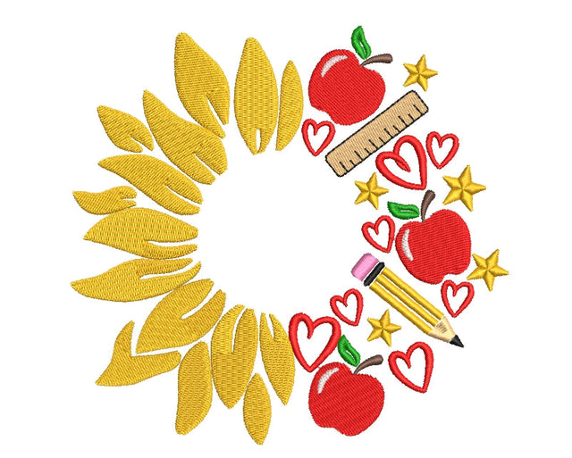 Teacher Sunflower machine embroidery design, back to school design, embroidery for schoolchildren, 4 sizes, instant download. Embroidery/Applique DESIGNS ArtEMByNatalia 