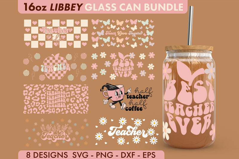 Teacher SVG Bundle 16 oz Libbey Glass Can Wrap PNG - So Fontsy