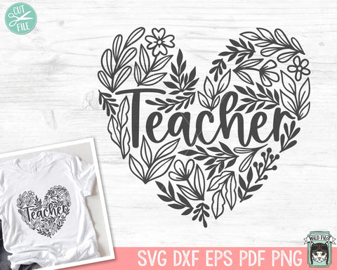 Teacher SVG, Heart SVG, Teacher PNG, Teacher Gift svg, Teacher Shirt svg, Teacher Clipart, Teacher Leaves Heart svg, Back To School svg SVG Wild Pilot 
