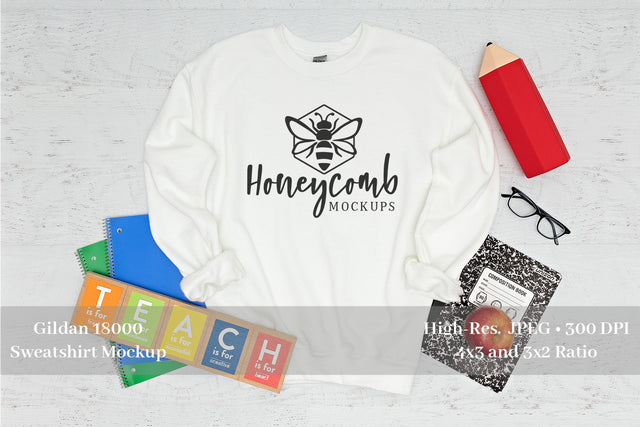 Teacher Sweatshirt Mockup, White Gildan 18000 Mockup, School Mockup Mock Up Photo Honeycomb Mockups 