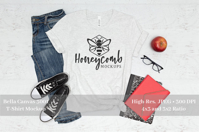 Teacher T-Shirt Mockup, Ash Bella Canvas 3001 Mockup, School Themed T-Shirt Mockup Mock Up Photo Honeycomb Mockups 