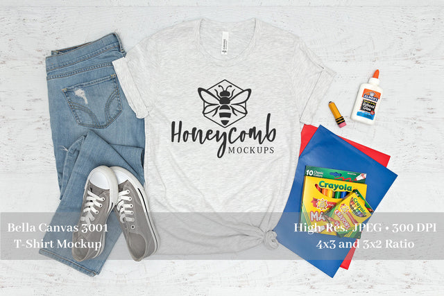 Teacher T-Shirt Mockup, Bella Canvas 3001 Ash Mockup, School Themed T-Shirt Mockup Mock Up Photo Honeycomb Mockups 