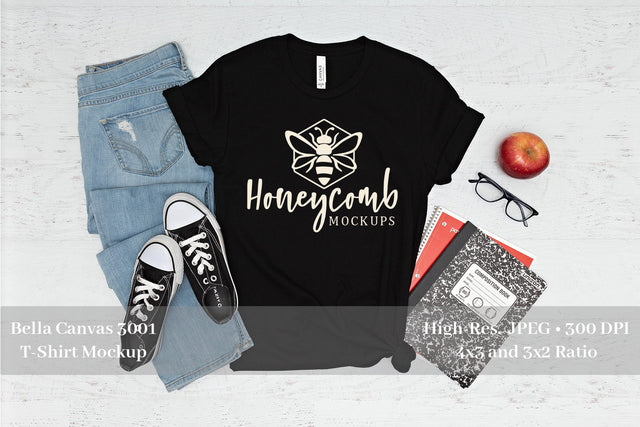 Teacher T-Shirt Mockup, Black Bella Canvas 3001 Mockup, School Themed Shirt Mockup Mock Up Photo Honeycomb Mockups 