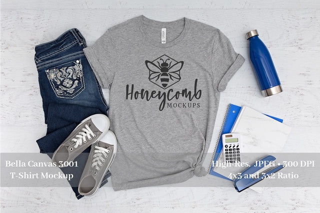 Teacher T-Shirt Mockup, Heather Athletic Bella Canvas 3001 Mockup, School T-Shirt Mockup Mock Up Photo Honeycomb Mockups 