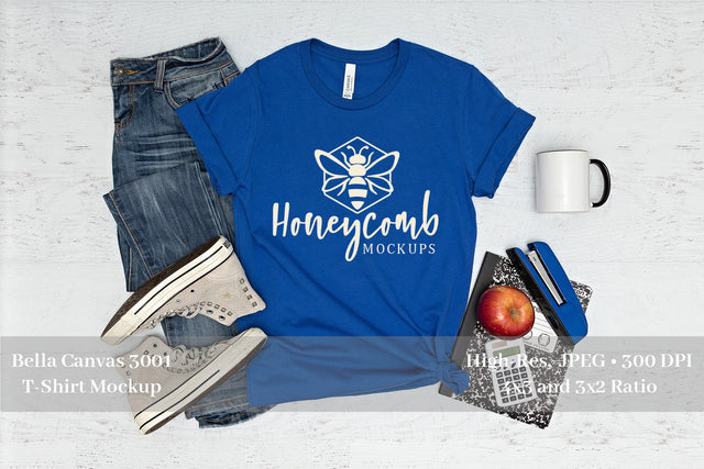 Teacher T-Shirt Mockup, School Mockup, True Royal Bella Canvas 3001 Mock Up Photo Honeycomb Mockups 