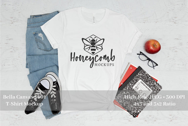 Teacher T-Shirt Mockup, White Bella Canvas 3001 Mockup, School Mockup Mock Up Photo Honeycomb Mockups 