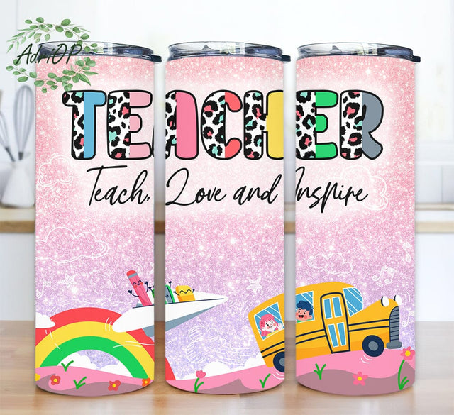 Teacher Teach Love And Inspire 20oz Skinny Tumbler Png, Leopard Teacher Tumbler, Back To School Tumbler, Caffeinate and Educate Tumbler Sublimation AdriOP 