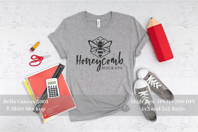 Teacher Themed T-Shirt Mockup, Bella Canvas 3001 Heather Athletic, School Mockup Mock Up Photo Honeycomb Mockups 