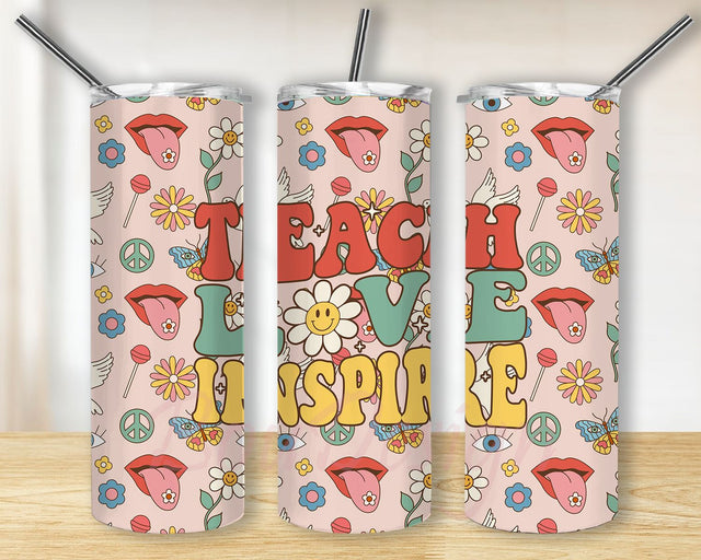 Teacher tumbler Design, Sublimation wrap, Teach Love Inspire Wrap, Teacher Digital Design, Retro Design wrap Sublimation BouDesign 