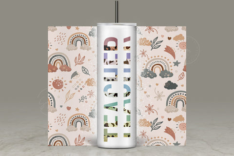 Teacher Tumbler Wrap PNG, Add Teacher Name, Boho Design, Rainbow Design, Seamless Sublimation Designs Downloads, 20 oz Skinny Tumbler Design Sublimation Syre Digital Creations 