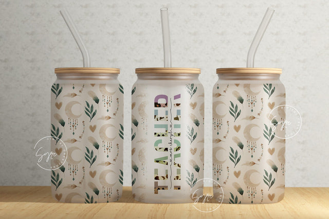 Teacher Tumbler Wrap PNG, Add Teacher Name, Teacher Glass Can, Gift for Teacher, Boho Design, Rainbow Design, 16 oz Libbey Glass Can Tumbler Sublimation Syre Digital Creations 